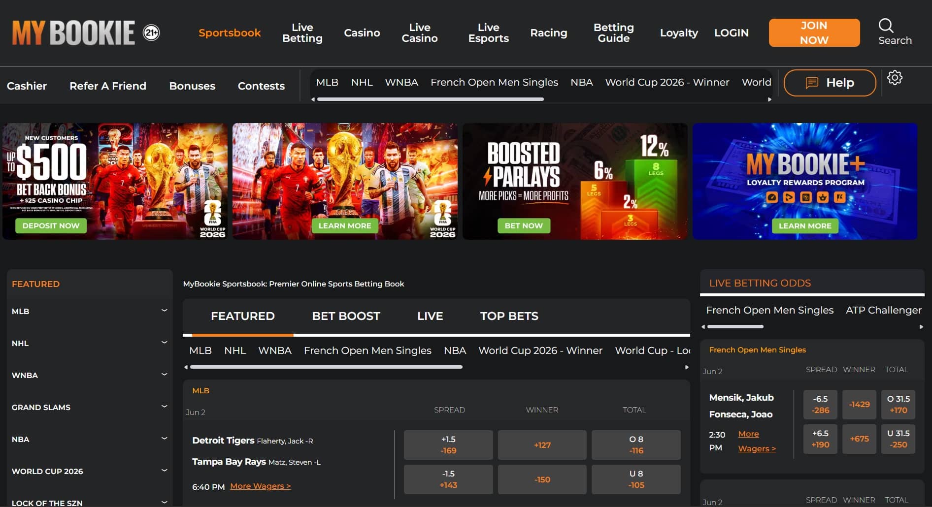 Mybookie website homepage — promo codes section screenshot