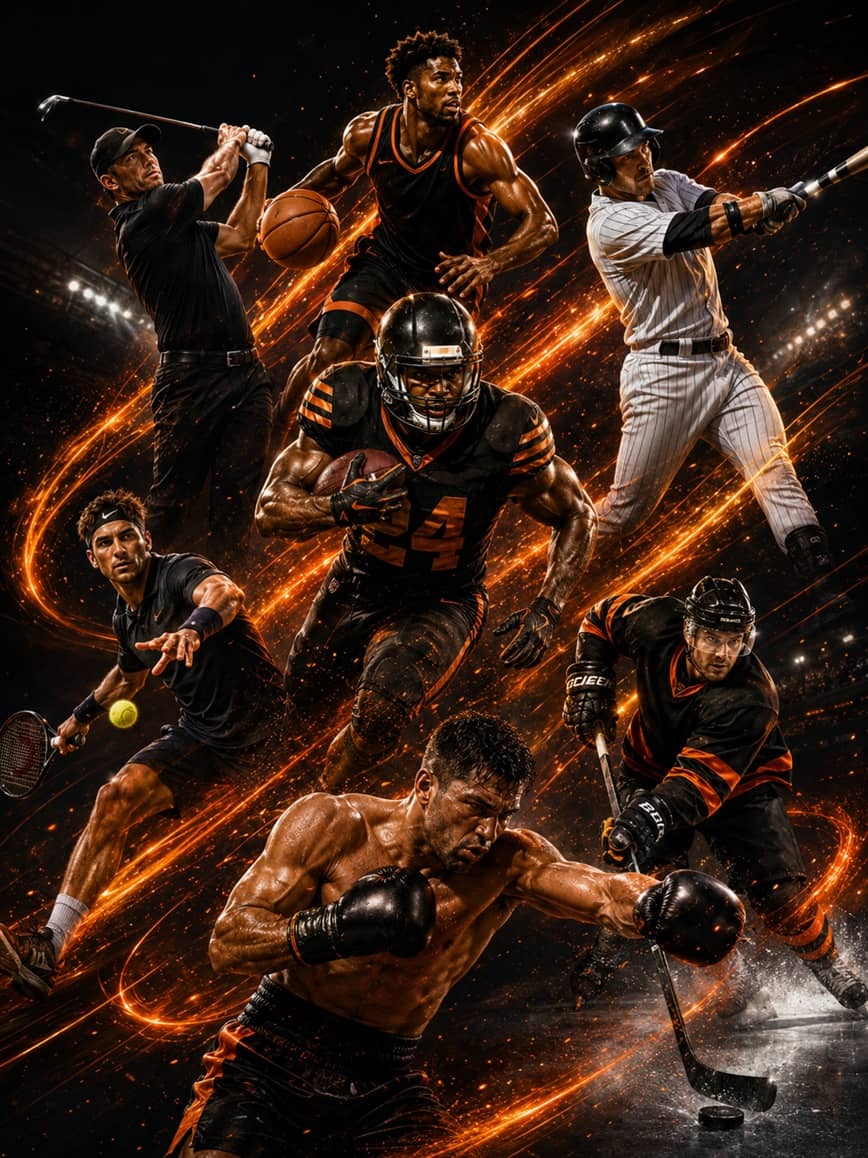 Collage - football, basketball, UFC octagon and tennis court